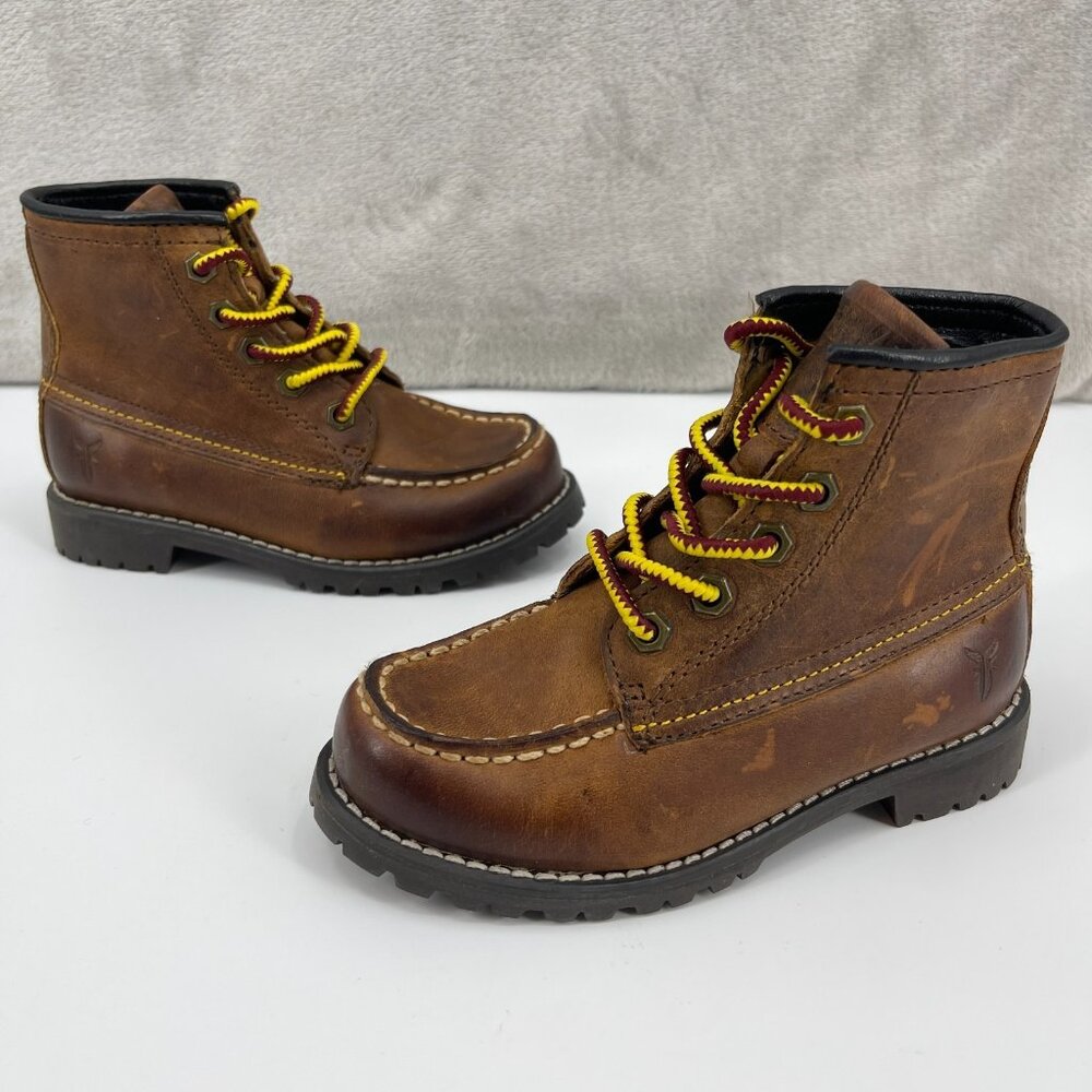 Frye Youth 8.5 Dakota Brown Leather Moc Toe Mid Lace Up Boots Preppy Lug Soles